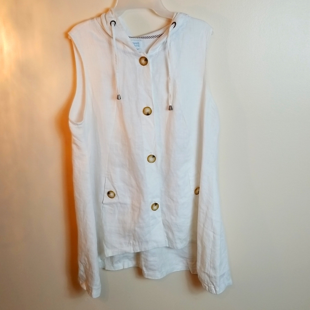 Sigrid Olsen 100% linen white tunic cover up with hood size large with pockets